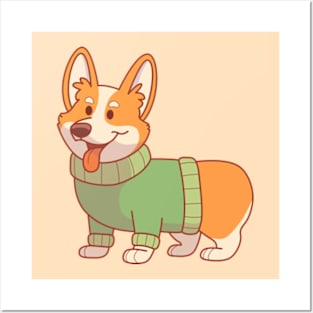 Corgi wearing a green sweater Posters and Art